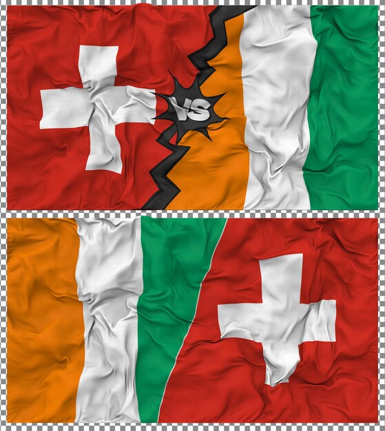 Ivoorkust versus Zwitserland Halve gecombineerde vlag Stof Bump Texture 3D Rendering