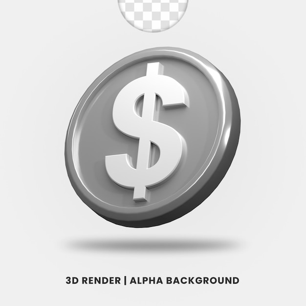 İzole edilmiş gümüş metal dolar madeni paranın 3 boyutlu renderı. İş veya e-ticaret illüstrasyonu için kullanışlıdır.