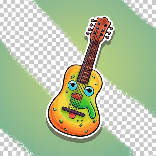 PSD izolowana czarna naklejka przedstawiająca zabawne postacie z kreskówek na gitarze do różnych zastosowań, takich jak naklejki na przypinki lub naszywki
