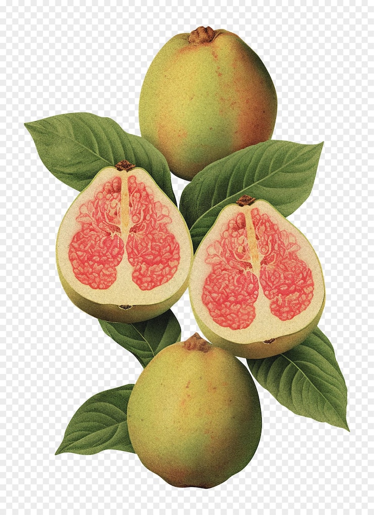 PSD izolowana guawa na przezroczystym tle stara ilustracja botaniczna