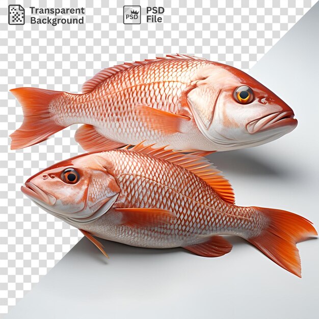 PSD izolowana pomarańczowa ryba z czarno-pomarańczowymi oczami na białym tle