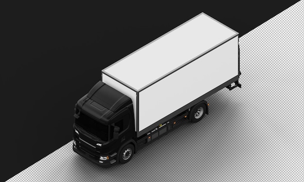 PSD izolowana, realistyczna, błyszcząca, czarna, duża ciężarówka tranzytowa z lewego górnego widoku z przodu