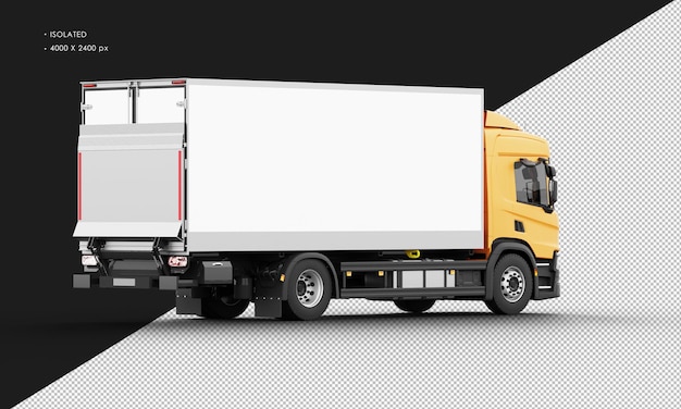 Izolowana, realistyczna, błyszcząca, pomarańczowa, duża ciężarówka tranzytowa z prawego tylnego widoku