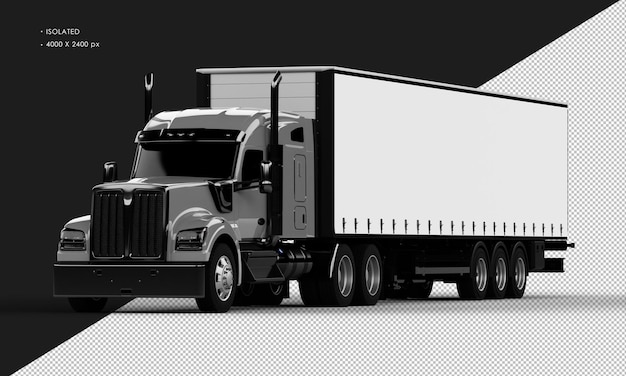 PSD izolowana realistyczna błyszcząca szara długa ciężarówka z przyczepą z lewego przedniego kąta widzenia