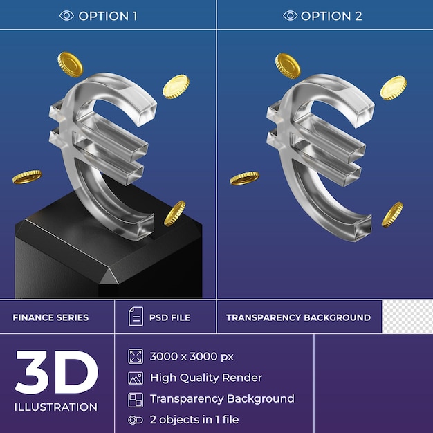 PSD izolowane izometryczne szkło 3d ikona waluty na czarnym stojaku. symbol euro