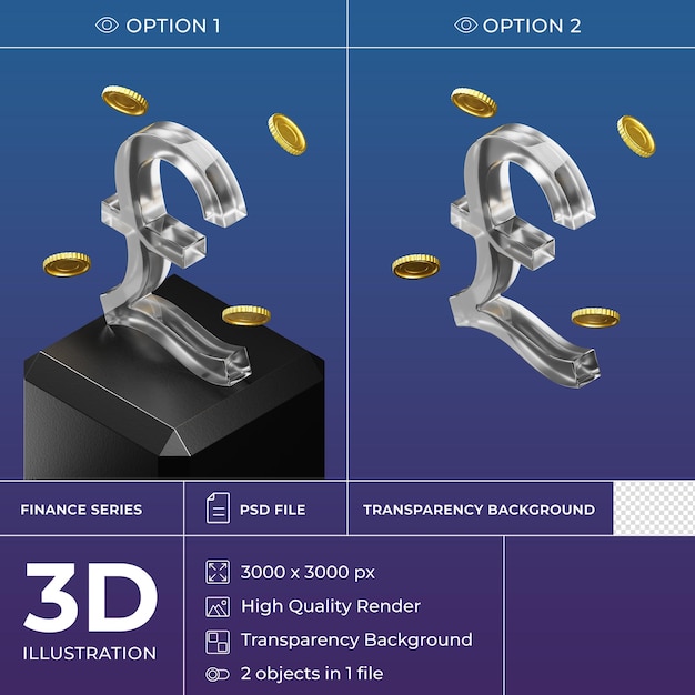 Izolowane izometryczne szkło 3d ikona waluty na czarnym stojaku. Symbol funta szterlinga