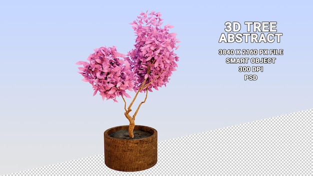 Izolowany model 3d drzewa doniczkowego z abstrakcyjnymi różowymi liśćmi na przezroczystym tle