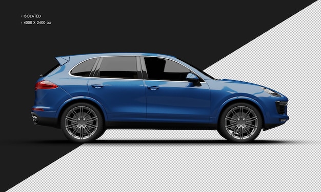 PSD izolowany realistyczny błyszczący niebieski luksusowy nowoczesny samochód sportowy z prawej strony