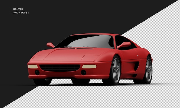 Izolowany realistyczny matowy czerwony elegancki sportowy samochód miejski sedan z lewego przedniego kąta widzenia