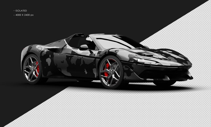 PSD izolowany realistyczny metaliczny czarny kamuflaż limited twin turbo super sport car prawa przód