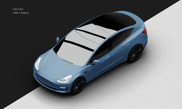 PSD izolowany realistyczny niebieski mat elektryczny samochód wydajnościowy z góry w lewo z przodu