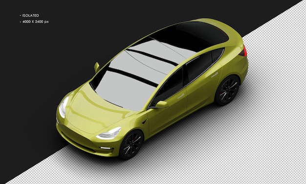PSD izolowany realistyczny żółty metaliczny elektryczny samochód wyższego rzędu z góry w lewo z przodu
