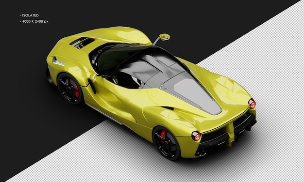 PSD izolowany realistyczny żółty, środkowy silnik sportowy, hybrydowy super samochód z lewej górnej strony.