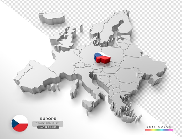 Izometryczna mapa Europy Republiki Czeskiej z flagą w renderowaniu 3d