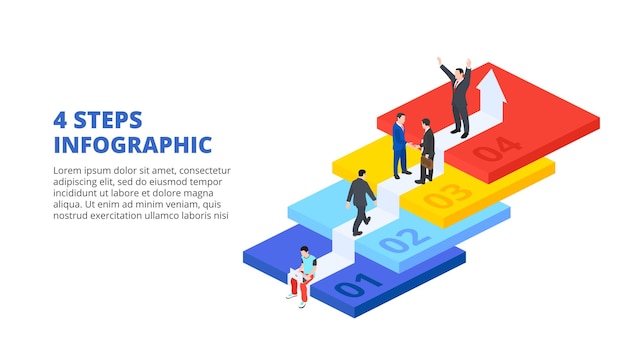 PSD izometryczne schody z ludźmi do uruchomienia infografiki koncepcja wzrostu z 4 krokami