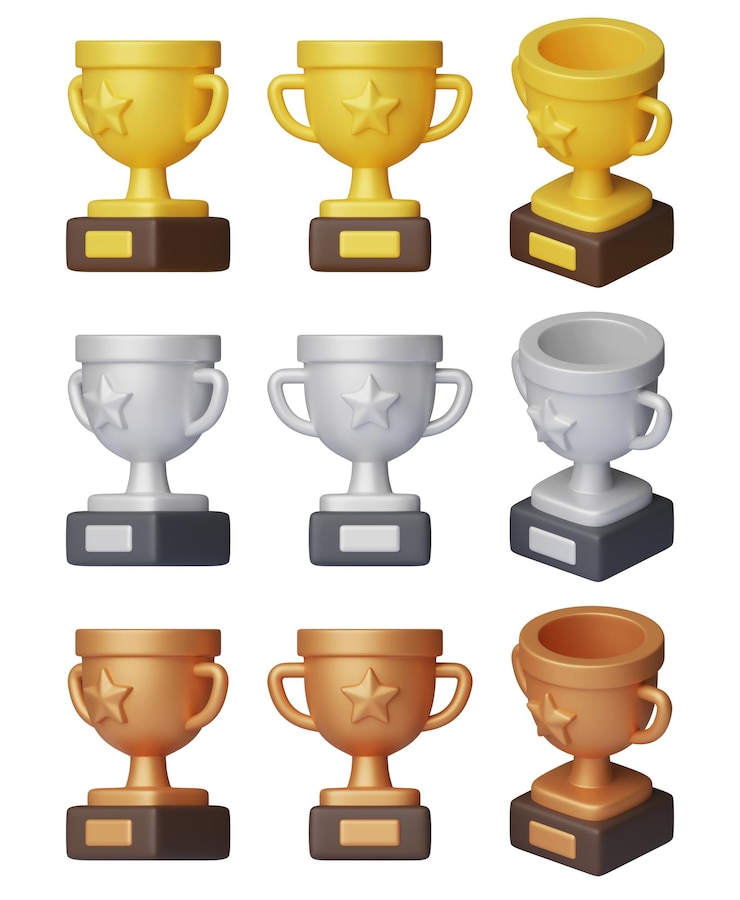 PSD izometryczny złoty, srebrny, brązowy trofeum 3d zestaw ikon