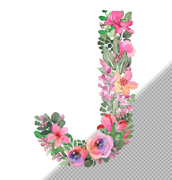 J letter in uppercase made of soft handdrawn flowers and leaves