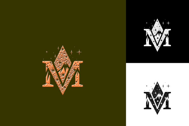 PSD j8 letter m with galaxy logo design style with m shaped into a illustration logo vector designs