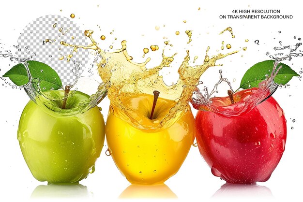 PSD jabłkowy sok splash kolorowe jabłka żywe plamy przezroczysty tło