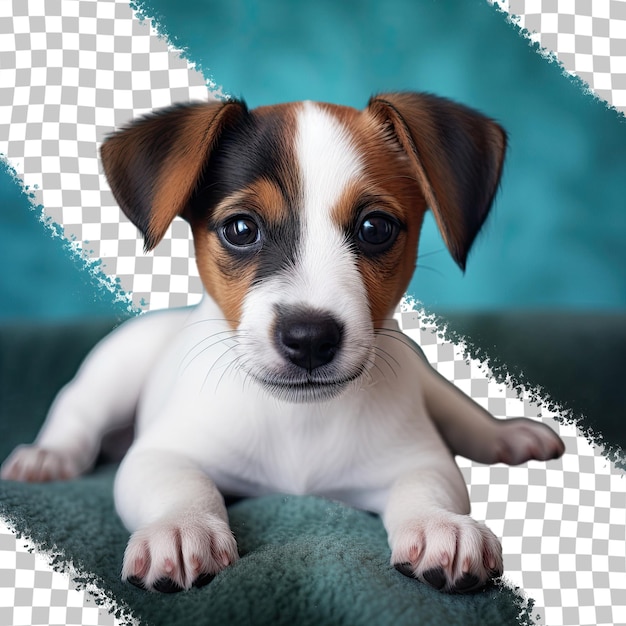 PSD jack russell s puppy gazes into the camera on the colorful carpet transparent background