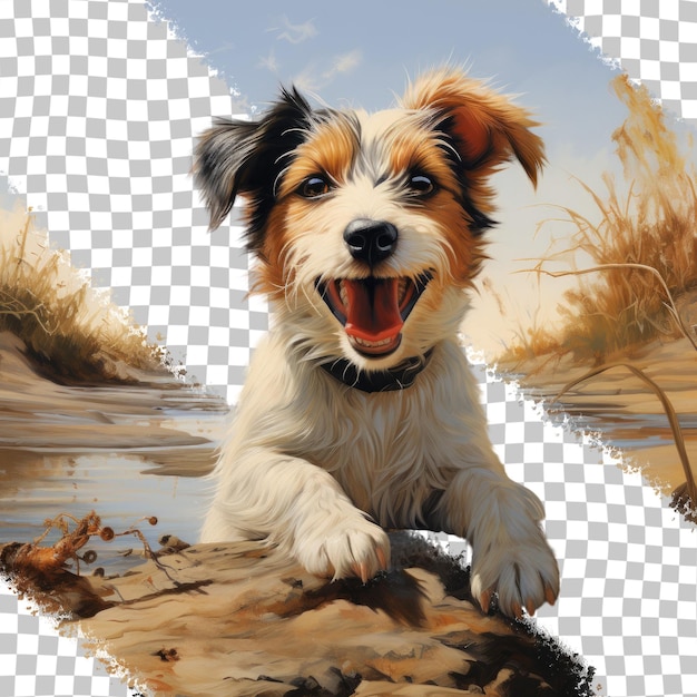 PSD jack s longhaired russell terrier enjoys playing by the river in the sand transparent background