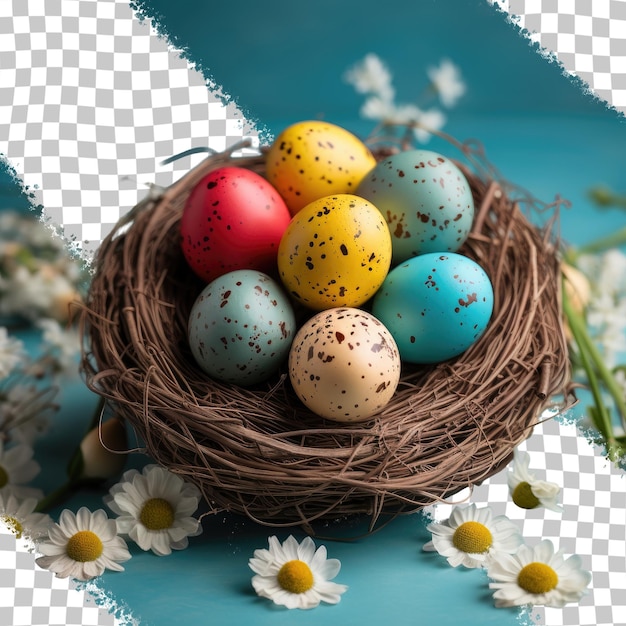 PSD jajka różnych kolorów umieszczone na przezroczystym tle jajko w kształcie kwiatu wykonane z dwóch czerwonych, żółtych, zielonych i niebieskich jaj jajka przepiórki w koszyku