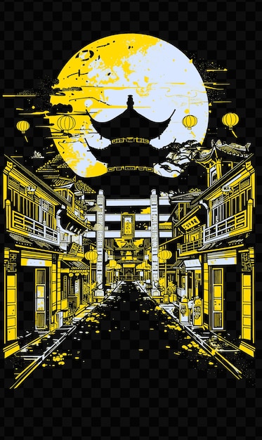 PSD jakartas chinatown with cultural street scene temples herbal psd vector tshirt tattoo ink scape art