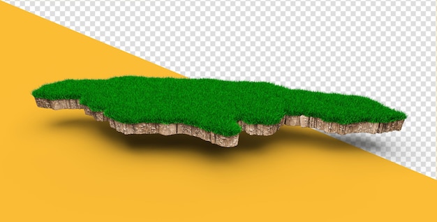 PSD jamaica map soil land geology cross section with green grass and rock ground texture 3d illustration