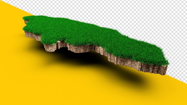 PSD jamaica map soil land geology cross section with green grass and rock ground texture 3d illustration