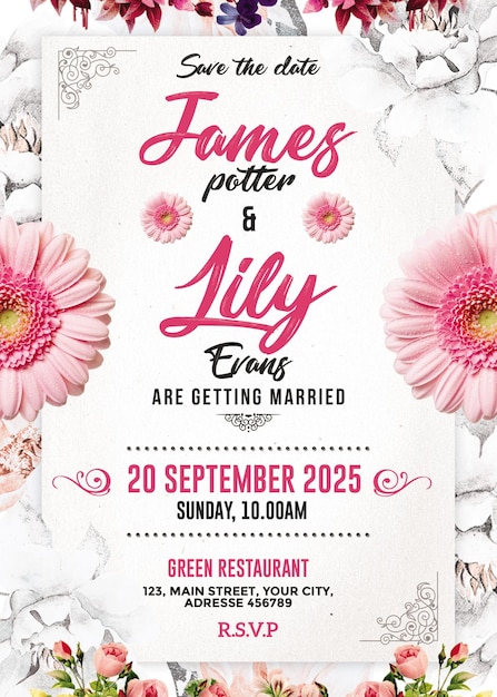 James amp lily wedding uitnodigingskaart psd sjabloon