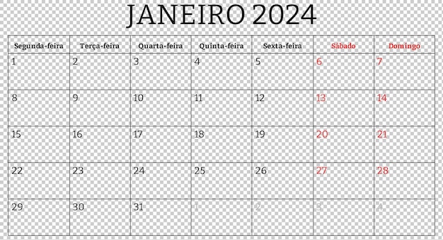 Januari 2024 portugese maand kalender psd drukbare illustratie uw bedrijf in portugal