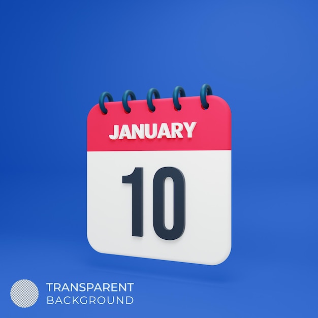 January realistic calendar icon 3d illustration date january 10