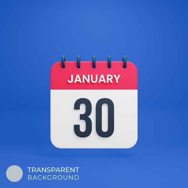 Icona del calendario realistico di gennaio illustrazione 3d data 30 gennaio