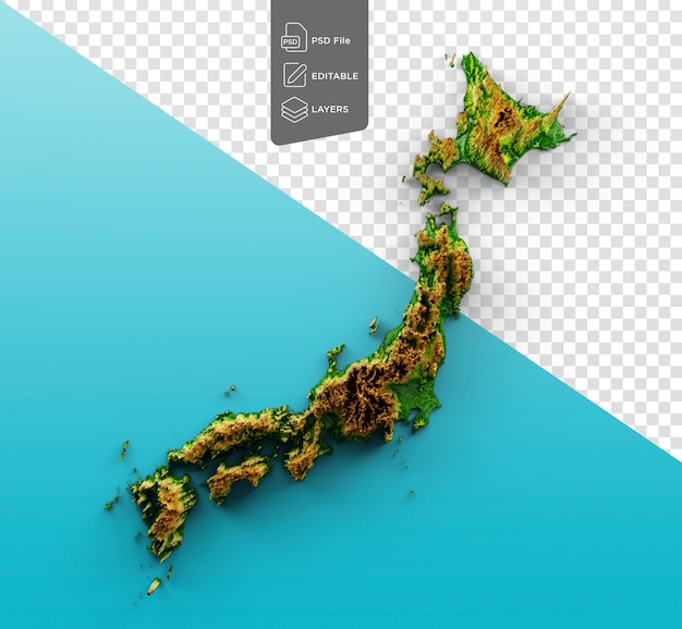 PSD japan map shaded relief color height map on sea blue background 3d illustration