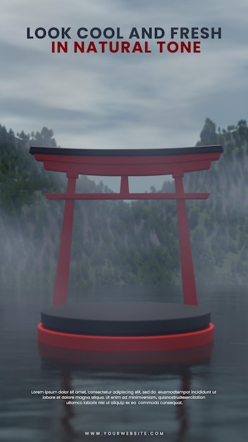 PSD japan torii gates podio con ambiente nebbioso per la visualizzazione del prodotto