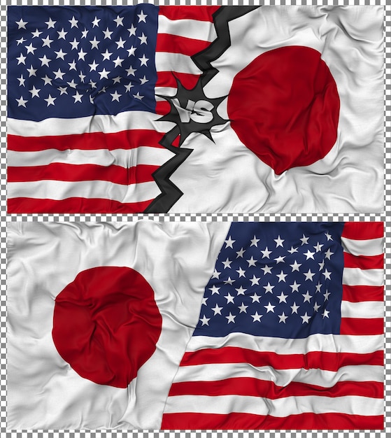 japan vs united states half combined flag cloth bump texture bilateral relation 3d rendering