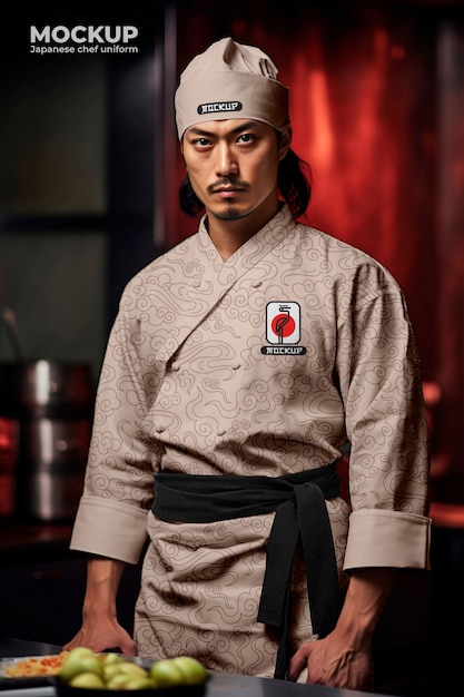 PSD japanese chef wearing uniform mockup design