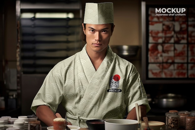 PSD japanese chef wearing uniform mockup design