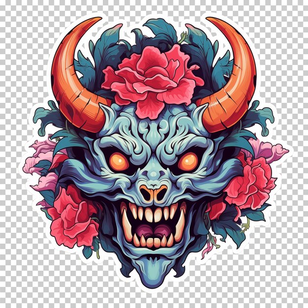 PSD japanese demon skull mask decoration with flower isolated