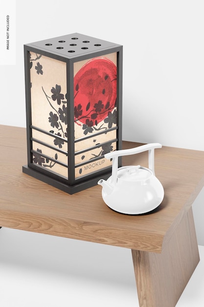 Japanese desk lamp mockup, on table