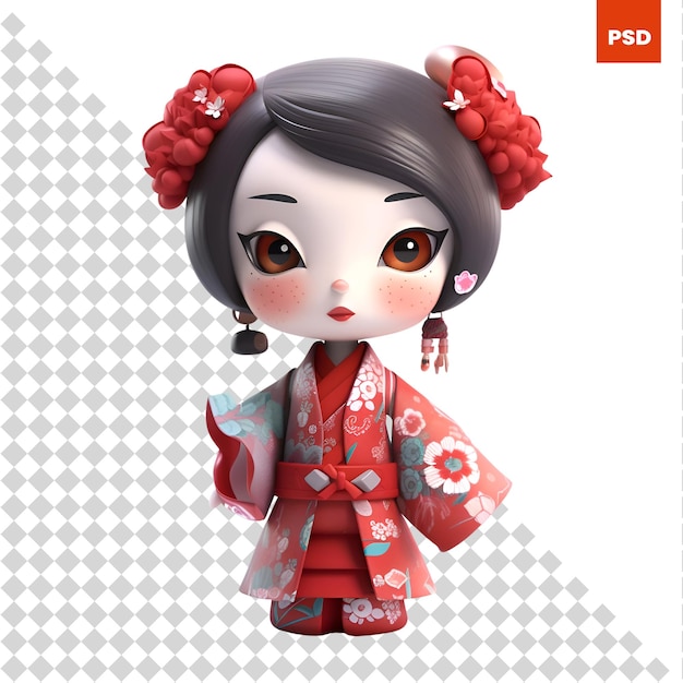 Ragazza giapponese in un kimono su sfondo bianco rendering 3d