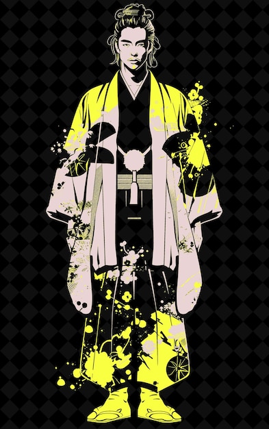 PSD Портрет японского мужчины в традиционном кимоно с ярким цветовым дизайном png коллекции