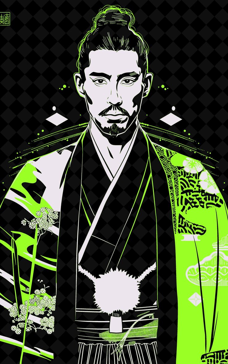 PSD japanese man portrait wearing a traditional kimono with a ha vivid color design png collections