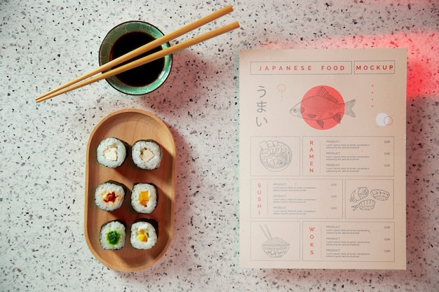 Japanese restaurant elements mock-up with traditional food