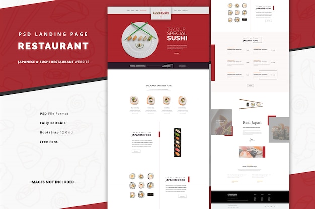 PSD pagina di destinazione del ristorante giapponese con piatti speciali di sushi e sashimi