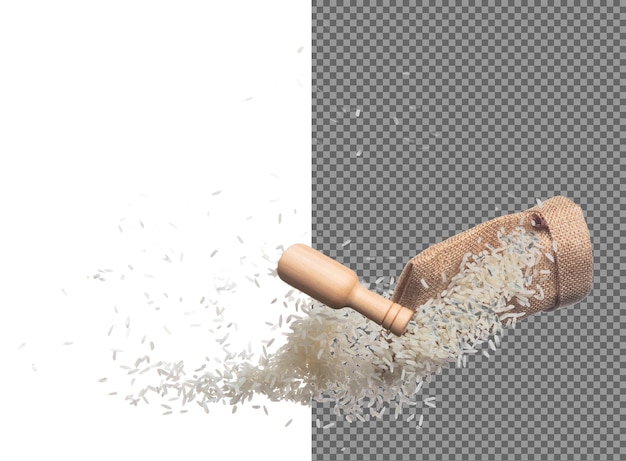 japanese rice in sack bag flying explosion white grain rices fall abstract fly beautiful complete seed rice bag splash in air food object design white background isolated high speed freeze motion