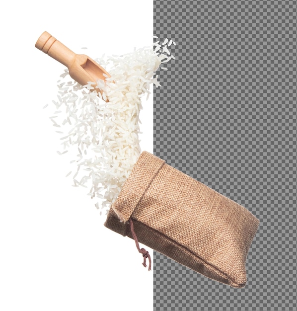 japanese rice in sack bag flying explosion white grain rices fall abstract fly beautiful complete seed rice bag splash in air food object design white background isolated high speed freeze motion