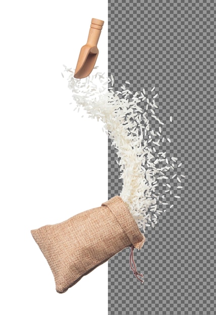 japanese rice in sack bag flying explosion white grain rices fall abstract fly beautiful complete seed rice bag splash in air food object design white background isolated high speed freeze motion