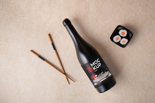 PSD japanese sake bottle with sushi