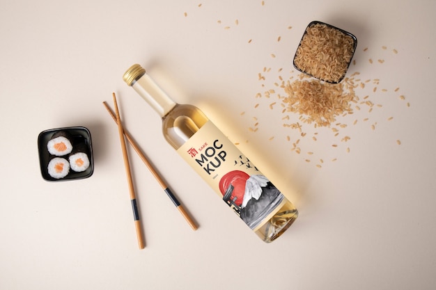 PSD japanese sake bottle with sushi